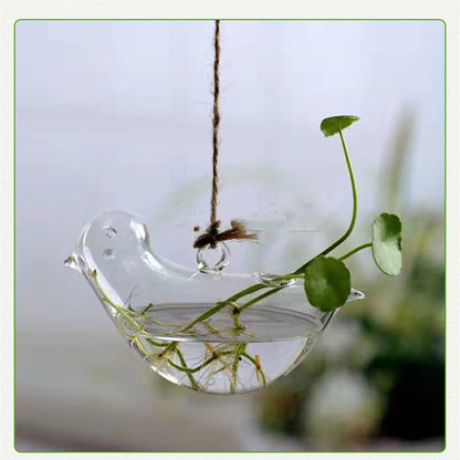 Hydroponic Green Dill And Copper Coin Grass Cute Bird Glassware