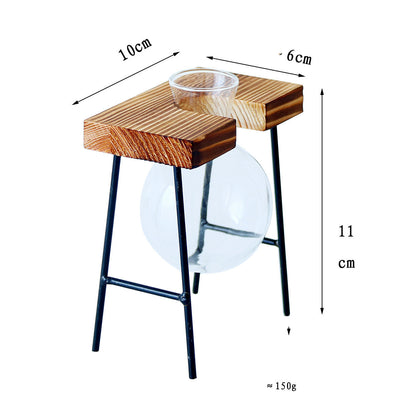 Jarrón hidropónico de vidrio transparente con marco de hierro y arte de madera