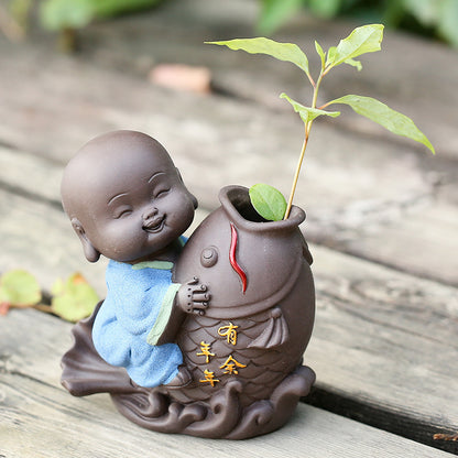 Cute Purple Sand Little Monk Vase For Hydroponic Flower Arrangement