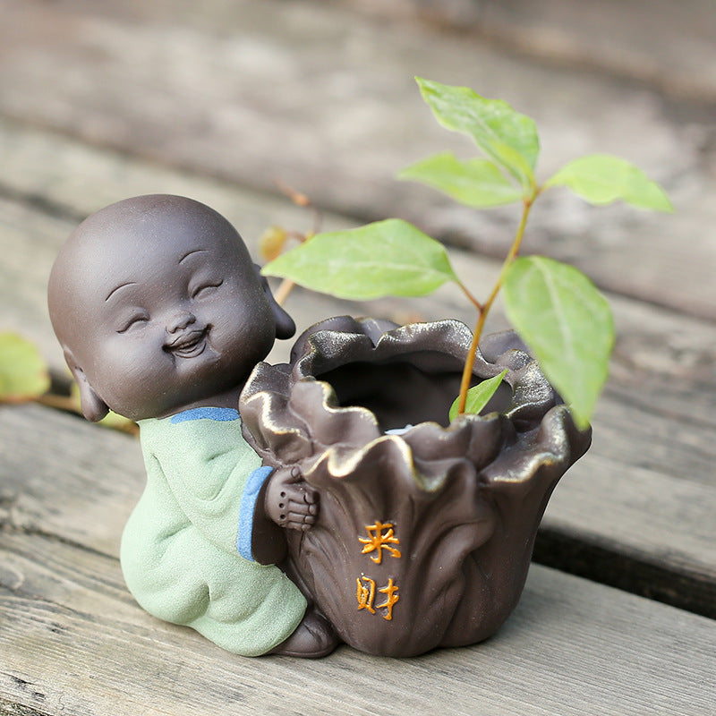 Cute Purple Sand Little Monk Vase For Hydroponic Flower Arrangement