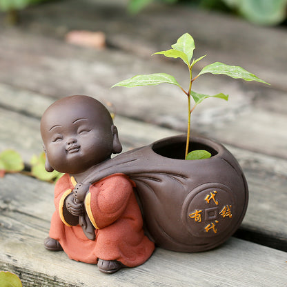 Cute Purple Sand Little Monk Vase For Hydroponic Flower Arrangement