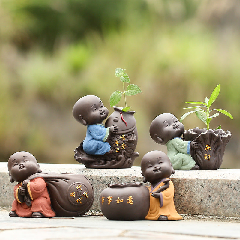 Cute Purple Sand Little Monk Vase For Hydroponic Flower Arrangement