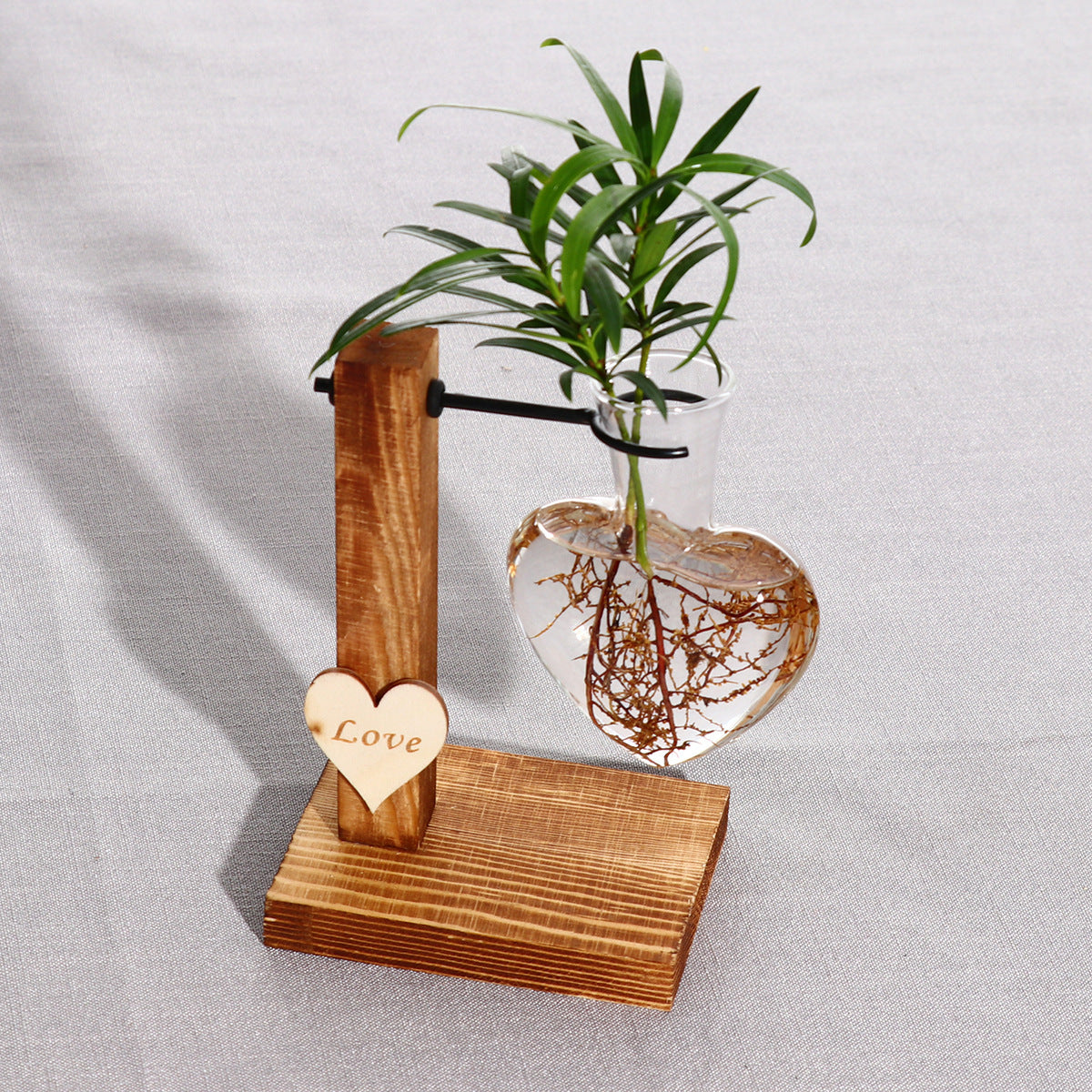 Florero hidropónico de vidrio transparente con forma de corazón, terrario, soporte de madera, decoración de mesa de vidrio, florero para plantas