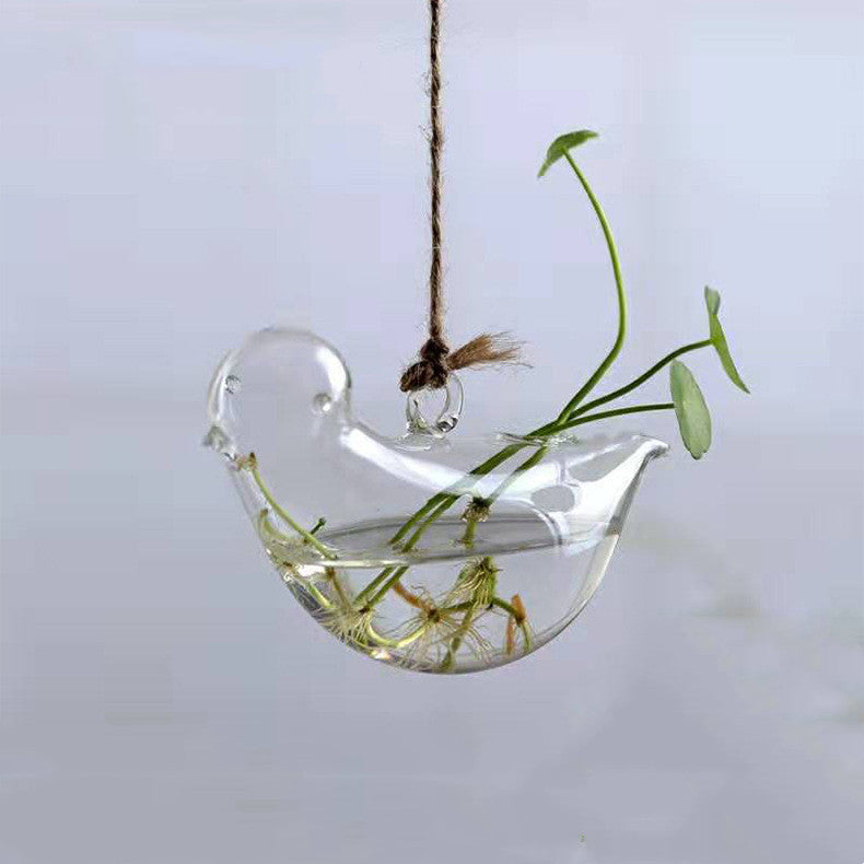 Hydroponic Green Dill And Copper Coin Grass Cute Bird Glassware