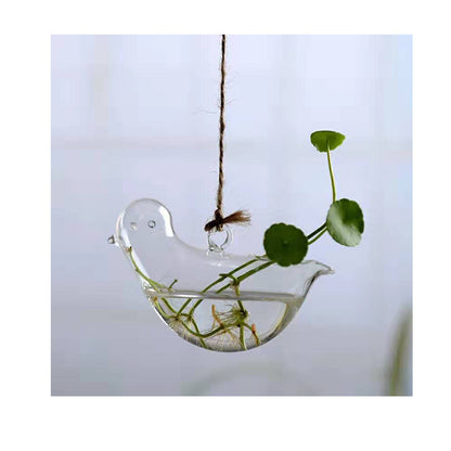 Hydroponic Green Dill And Copper Coin Grass Cute Bird Glassware