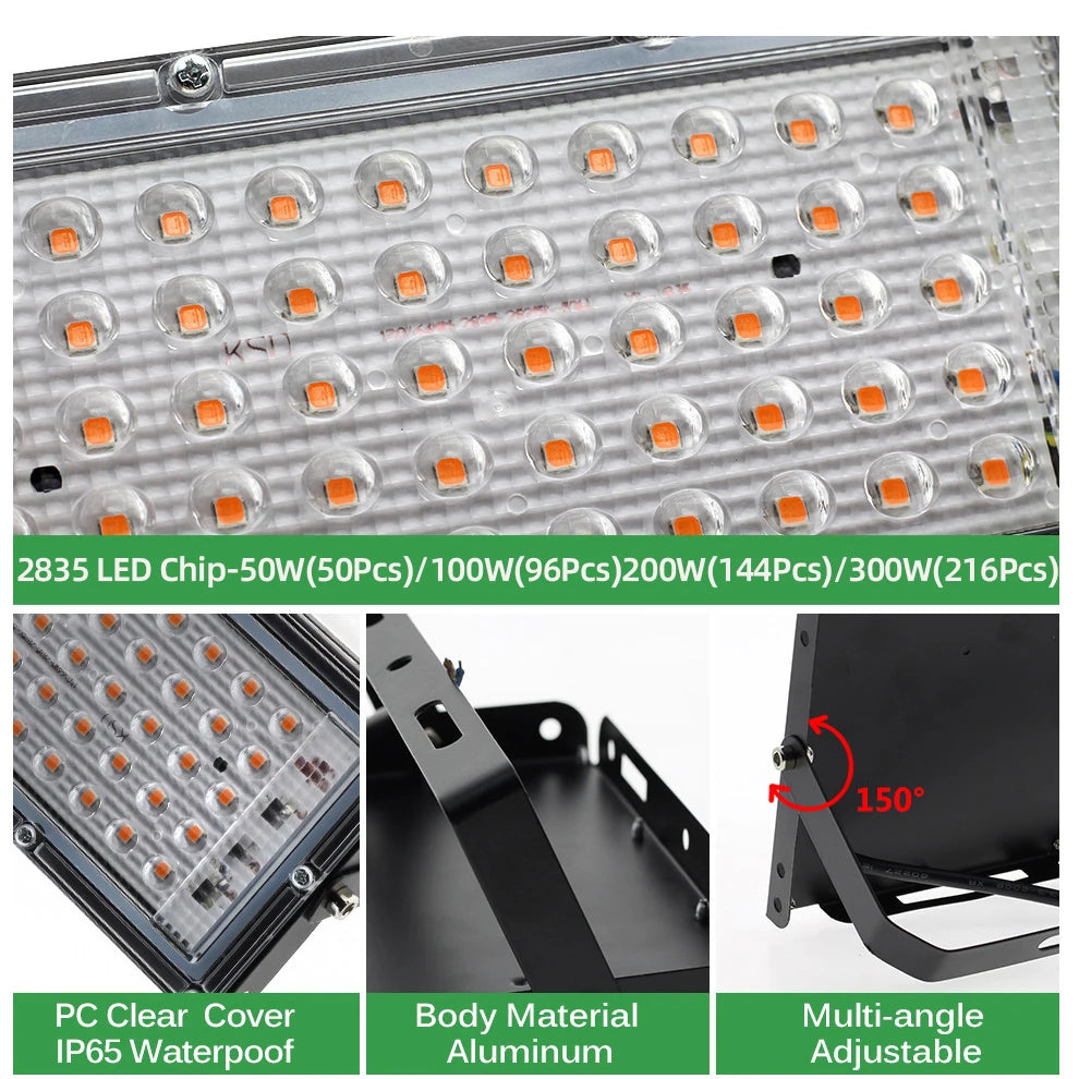 Full Spectrum LED Grow Light Phyto Lamp AC 220V 50W 100W 200W With EU Plug For Greenhouse Hydroponic Plant Growth Lighting