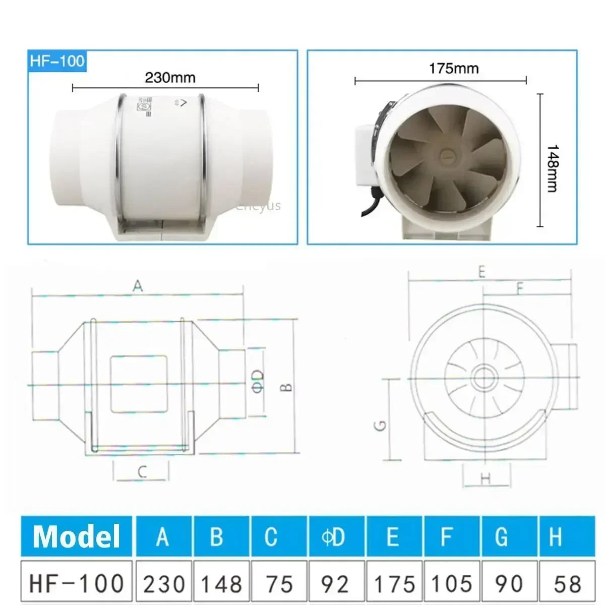 220V 4/5/6 Inch Low Noise Inline Duct Hydroponic Air Blower Fan Exhaust Fan for Home Bathroom Ventilation Grow Room