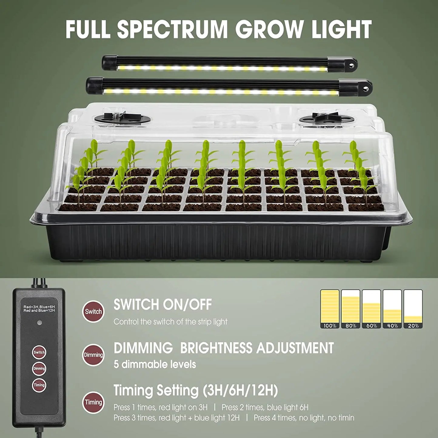 1 juego de bandejas para iniciar semillas con 2 luces de cultivo de tira larga, kit de inicio de semillas de 40 celdas con cúpula de humedad, bandejas de inicio de plántulas para