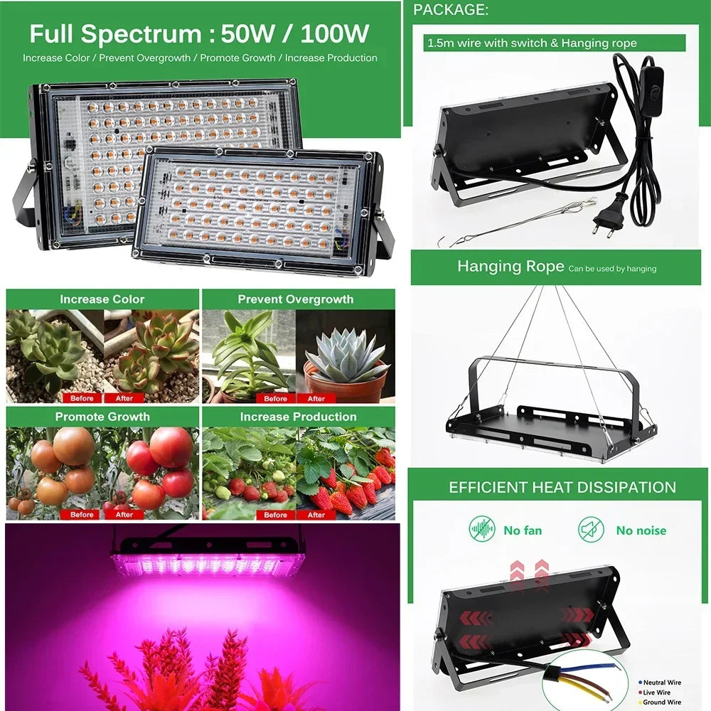 Full Spectrum LED Grow Light Phyto Lamp AC 220V 50W 100W 200W 300W With EU Plug For Greenhouse Hydroponic Plant Growth Lighting