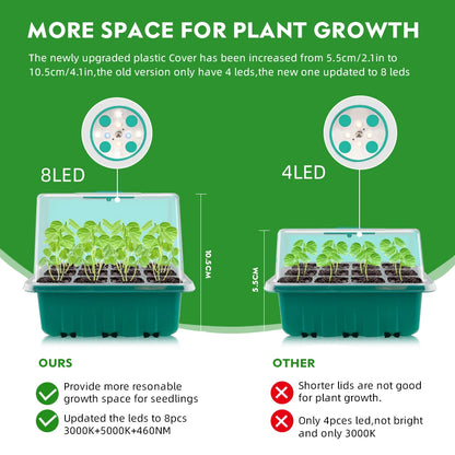 Full Spectrum LED Grow Light with Seedling Tray Plant Seed Starter Trays, Greenhouse Growing Trays with Holes 12 Cell Per Tray