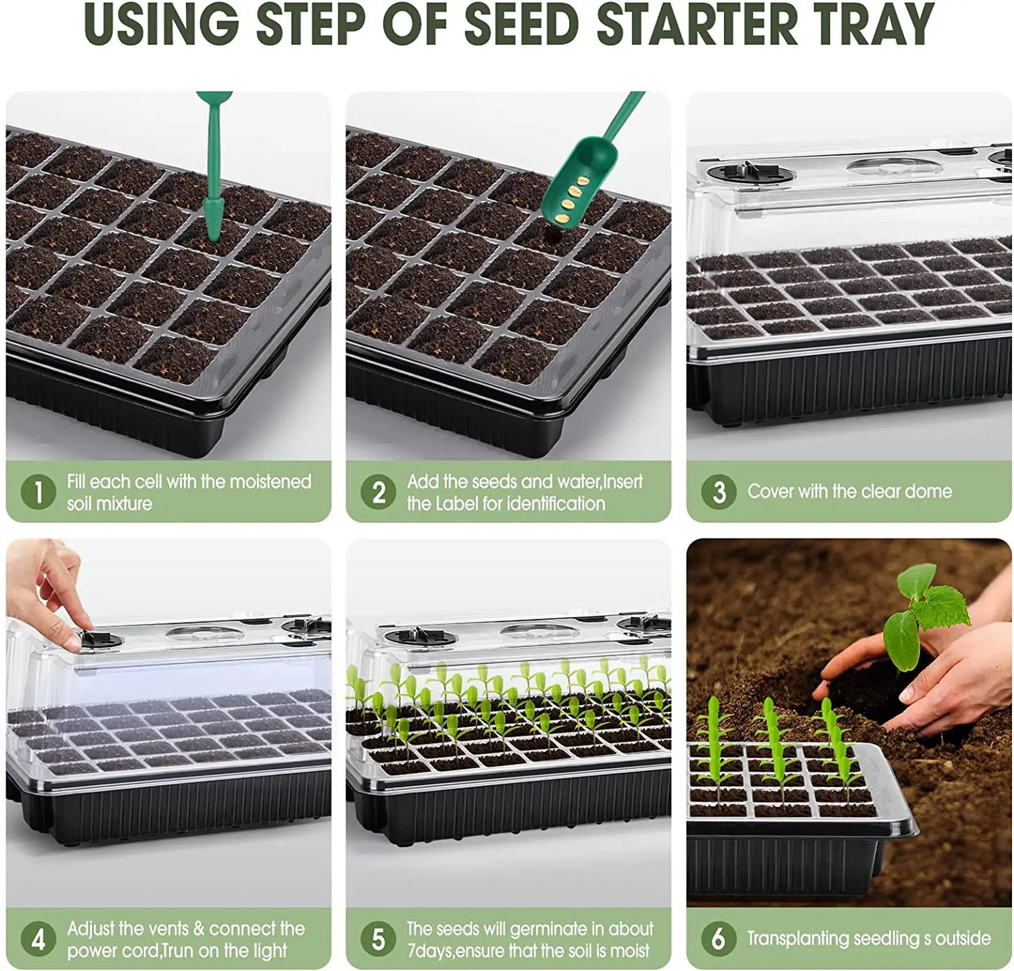 1 juego de bandejas para iniciar semillas con 2 luces de cultivo de tira larga, kit de inicio de semillas de 40 celdas con cúpula de humedad, bandejas de inicio de plántulas para