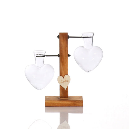 Florero hidropónico de vidrio transparente con forma de corazón, terrario, soporte de madera, decoración de mesa de vidrio, florero para plantas